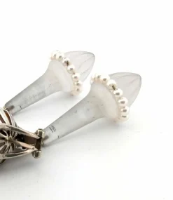 Boucles d'oreilles en or blanc avec cristal de roche, perles et diamants
