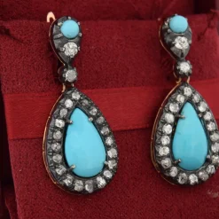 Boucles d'oreilles en or et argent, turquoise naturelle