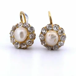Boucles d'oreilles en or jaune avec diamants et perles, époque victorienne