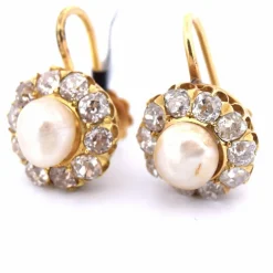 Boucles d'oreilles en or jaune avec diamants et perles, époque victorienne