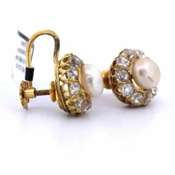 Boucles d'oreilles en or jaune avec diamants et perles, époque victorienne