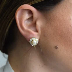 Boucles d'oreilles en or jaune avec diamants et perles, époque victorienne