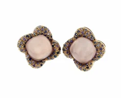 Boucles d'oreilles en or rose, cabochons coussin en quartz rose, diamants naturels violets
