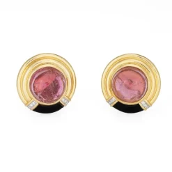 Boucles d'oreilles en or vintage avec tourmaline rose, onyx et diamant