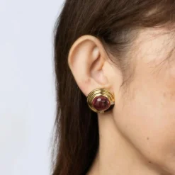 Boucles d'oreilles en or vintage avec tourmaline rose, onyx et diamant