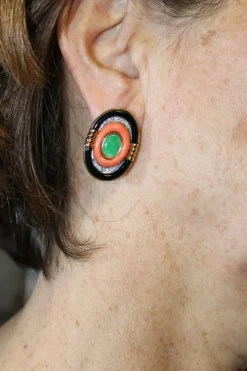 boucles d'oreilles et bague en or vintage jade corail onyx diamants