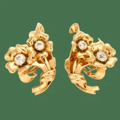 Boucles d'oreilles fleurs, or jaune et diamants