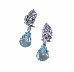 Boucles d'Oreilles Goutte Aigue Marine et Diamant