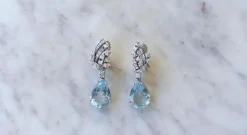 Boucles d'Oreilles Goutte Aigue Marine et Diamant