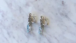 Boucles d'Oreilles Goutte Aigue Marine et Diamant