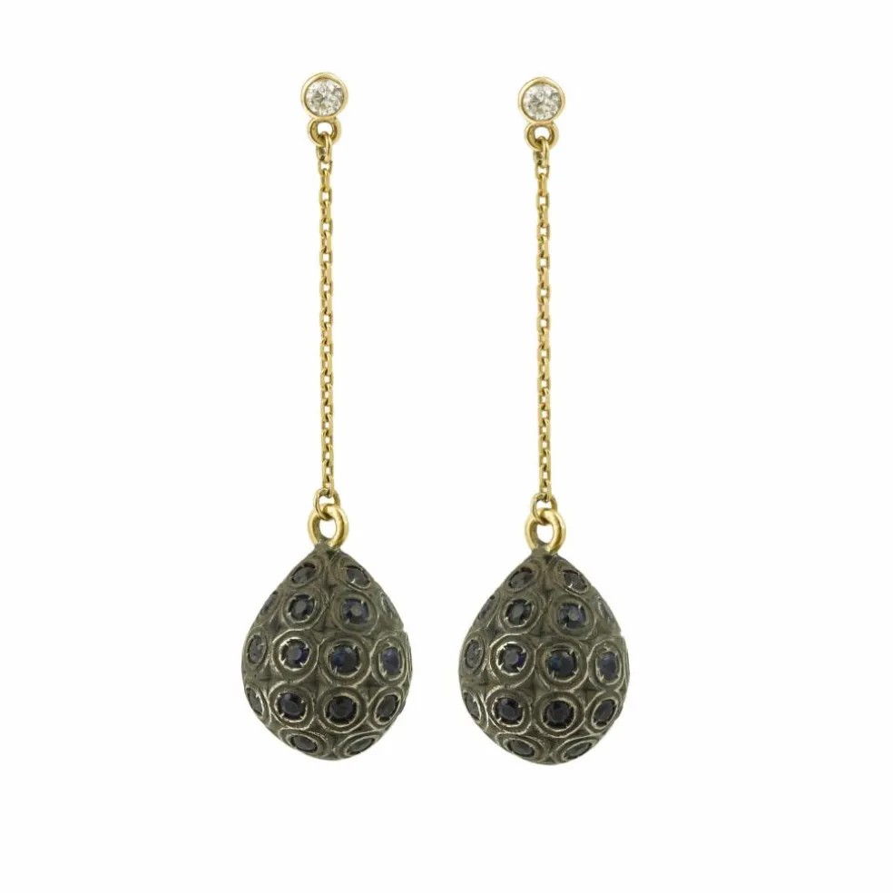 Boucles d’Oreilles Gouttes pavées Saphirs Diamants Or 18 Carats