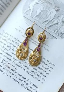 Boucles d'oreilles gouttes or jaune grenats