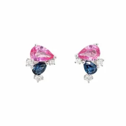 Boucles d'oreilles grappes saphir rose bleu diamant or blanc
