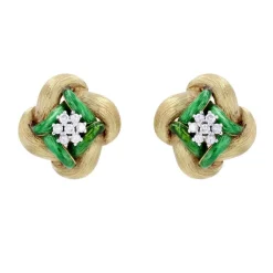 Boucles d'oreilles émail vert diamants et or jaune