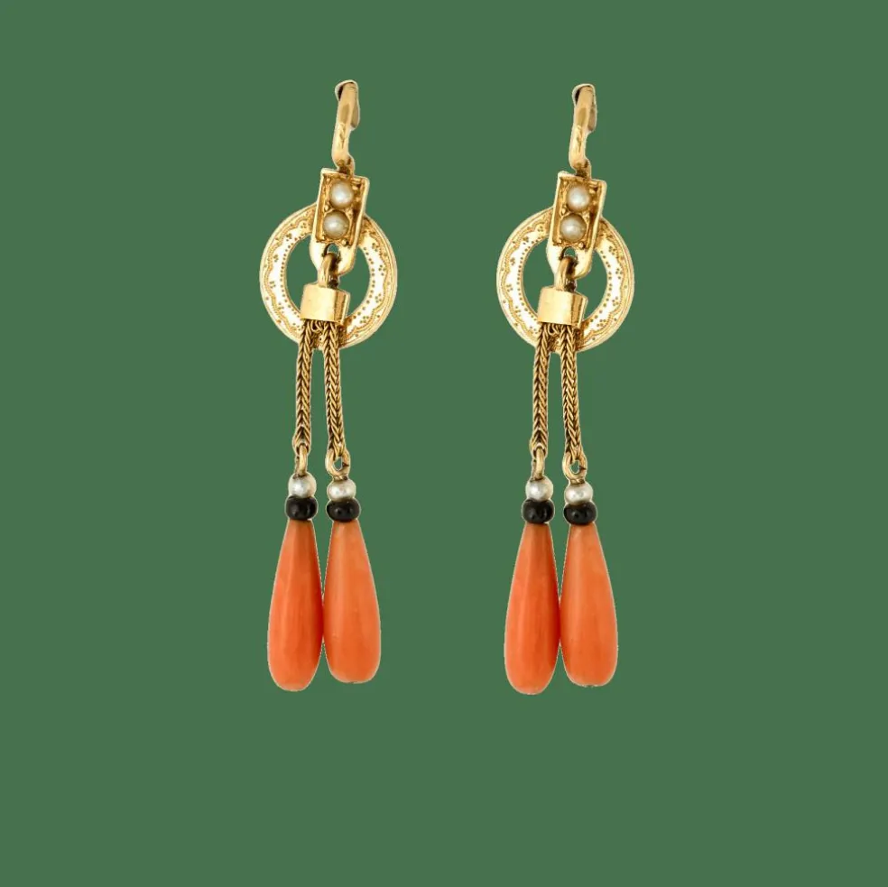 Boucles d'oreilles Napoléon III corail perles onyx
