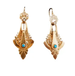 Boucles d'Oreilles Napoléon III en Or Rose, Perles et Turquoises