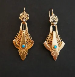 Boucles d'Oreilles Napoléon III en Or Rose, Perles et Turquoises