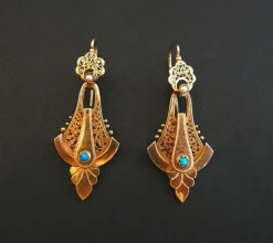 Boucles d'Oreilles Napoléon III en Or Rose, Perles et Turquoises