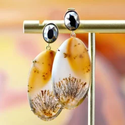 Boucles d'oreilles or agates à dendrite et hématite