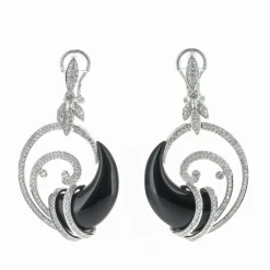 Boucles d'Oreilles Or Blanc Diamants et Onyx