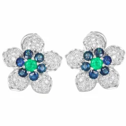 Boucles d'oreilles Or gris Saphir Emeraude et Diamants
