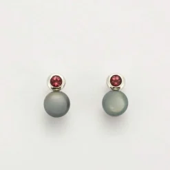 Boucles d'oreilles or gris, perle de Tahiti et tourmaline rose