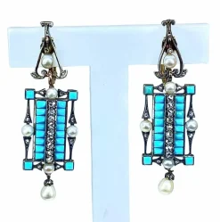 Boucles d’oreilles or jaune et argent, turquoises, diamants, perles fines, vers 1880