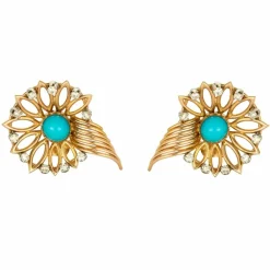 Boucles d'oreilles or jaune, Turquoise et diamants