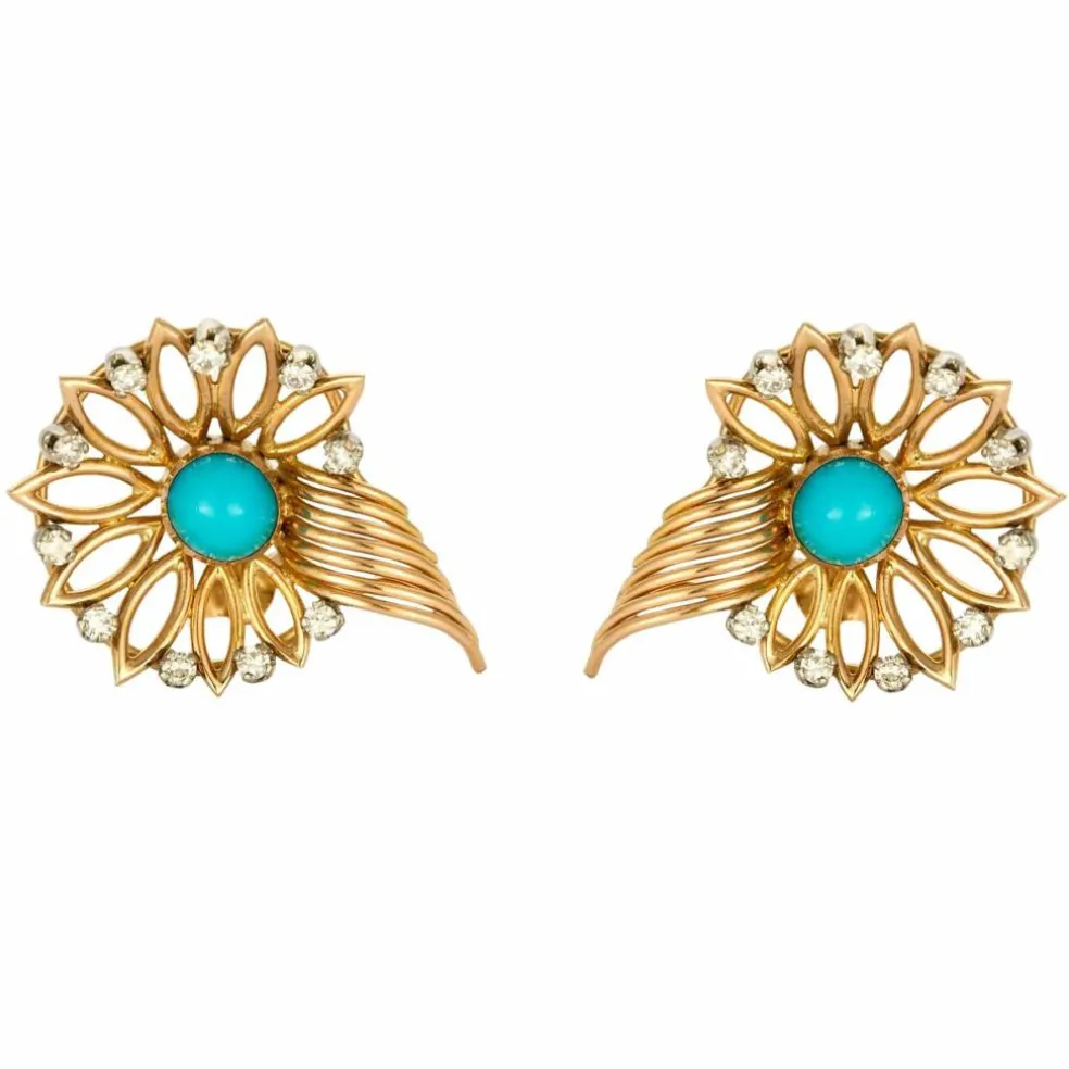Boucles d'oreilles or jaune, Turquoise et diamants