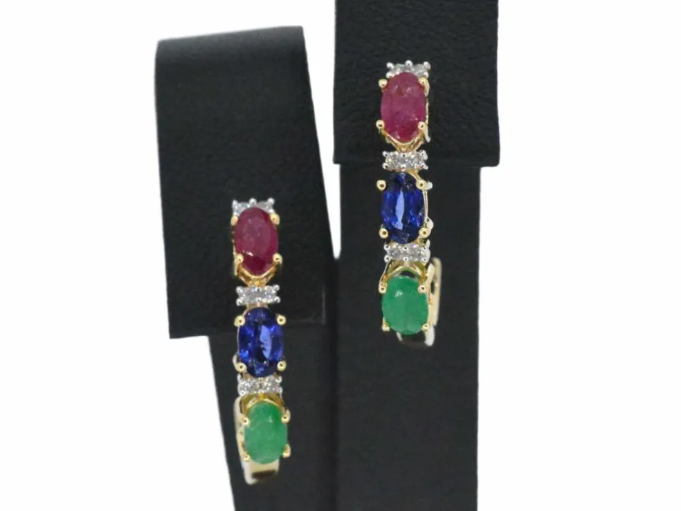 Boucles d'oreilles or jaune avec pierres précieuses multicolores et diamants