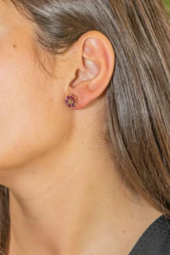 Boucles d'oreilles or jaune, diamants, rubis