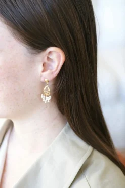 Boucles d'oreilles or jaune et franges de perles