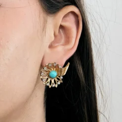 Boucles d'oreilles or jaune, Turquoise et diamants