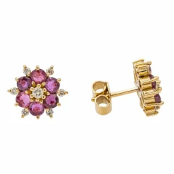 Boucles d'oreilles or jaune, diamants, rubis