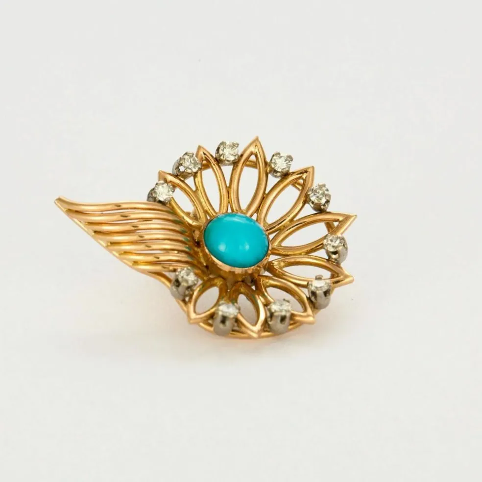 Boucles d'oreilles or jaune, Turquoise et diamants