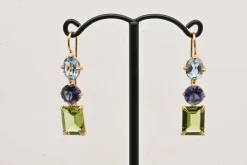 Boucles d'oreilles or rose, topaze, iolite et péridot