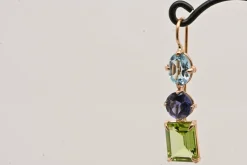 Boucles d'oreilles or rose, topaze, iolite et péridot