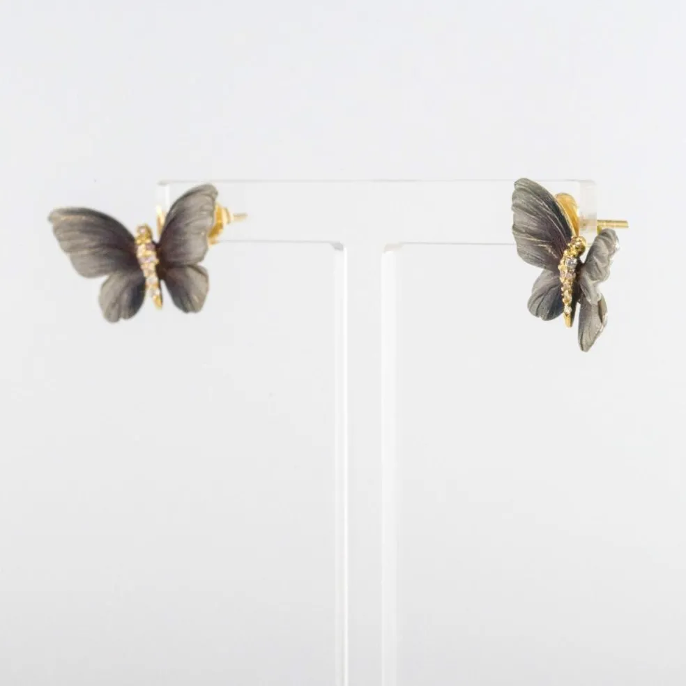 Boucles d'oreilles papillons en or, émail et diamants