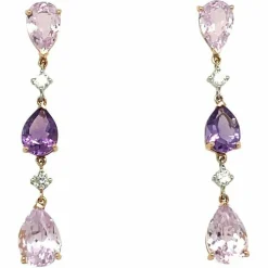 Boucles d'oreilles pendantes diamants améthyste kunzites