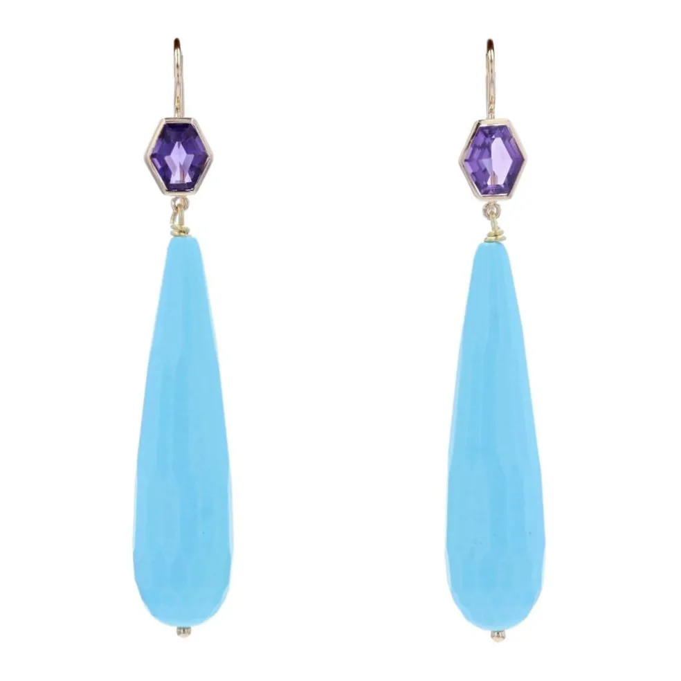 Boucles d'oreilles pendantes améthystes et turquoises
