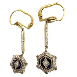 Boucles d'oreilles pendantes anciennes en or jaune 18 carats avec diamant et saphir