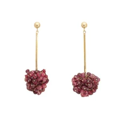 Boucles d'Oreilles Pendantes Framboise Grappe de Tourmaline Rose Vintage Or Jaune