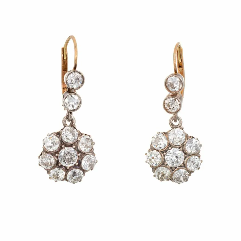 Boucles d'oreilles pendantes en or 14 carats avec diamants de 2,50 ct et pierres précieuses de style victorien antique