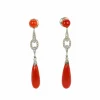 Boucles d'oreilles pendantes Art Deco corail rouge diamants taille rose