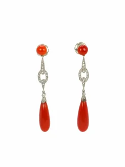 Boucles d'oreilles pendantes Art Deco corail rouge diamants taille rose