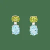 Boucles d'oreilles pendantes topaze bleue, péridot et diamants