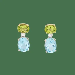 Boucles d'oreilles pendantes topaze bleue, péridot et diamants