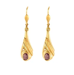 Boucles d'oreilles pendantes saphirs roses, diamants, or jaune