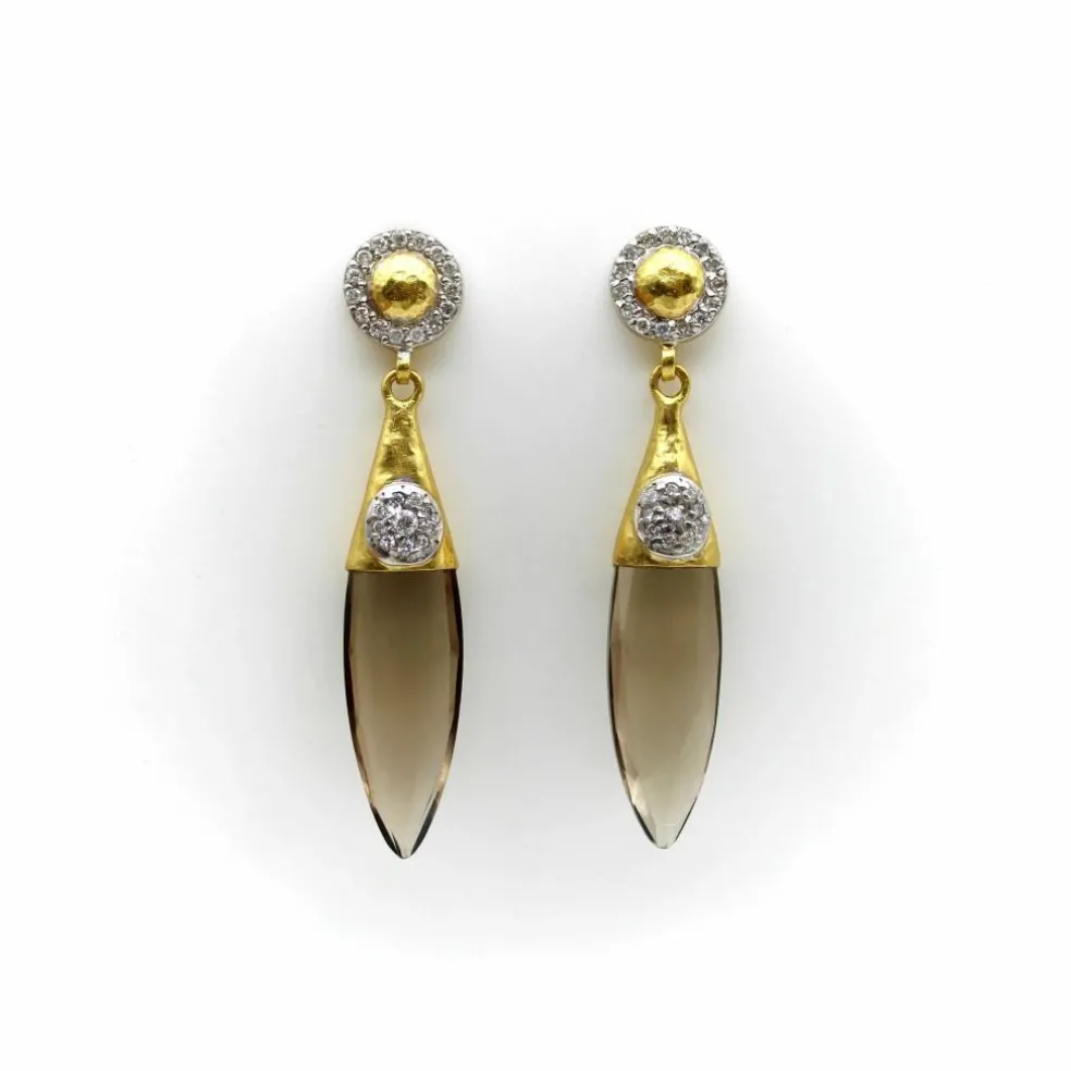Boucles d'oreilles pendantes en or et quartz fumé avec diamants