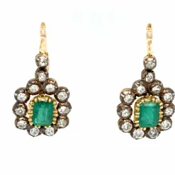 Boucles d'oreilles pendantes en or et diamants émeraude de Colombie Art Déco